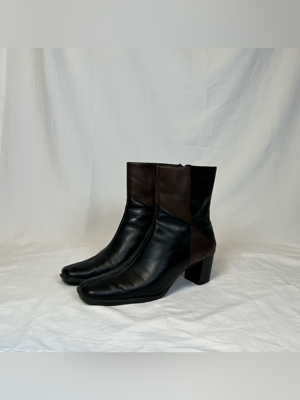 Vintage Isotoner Brown Black Patchwork Leather Square Booties Ankle Boots~6~